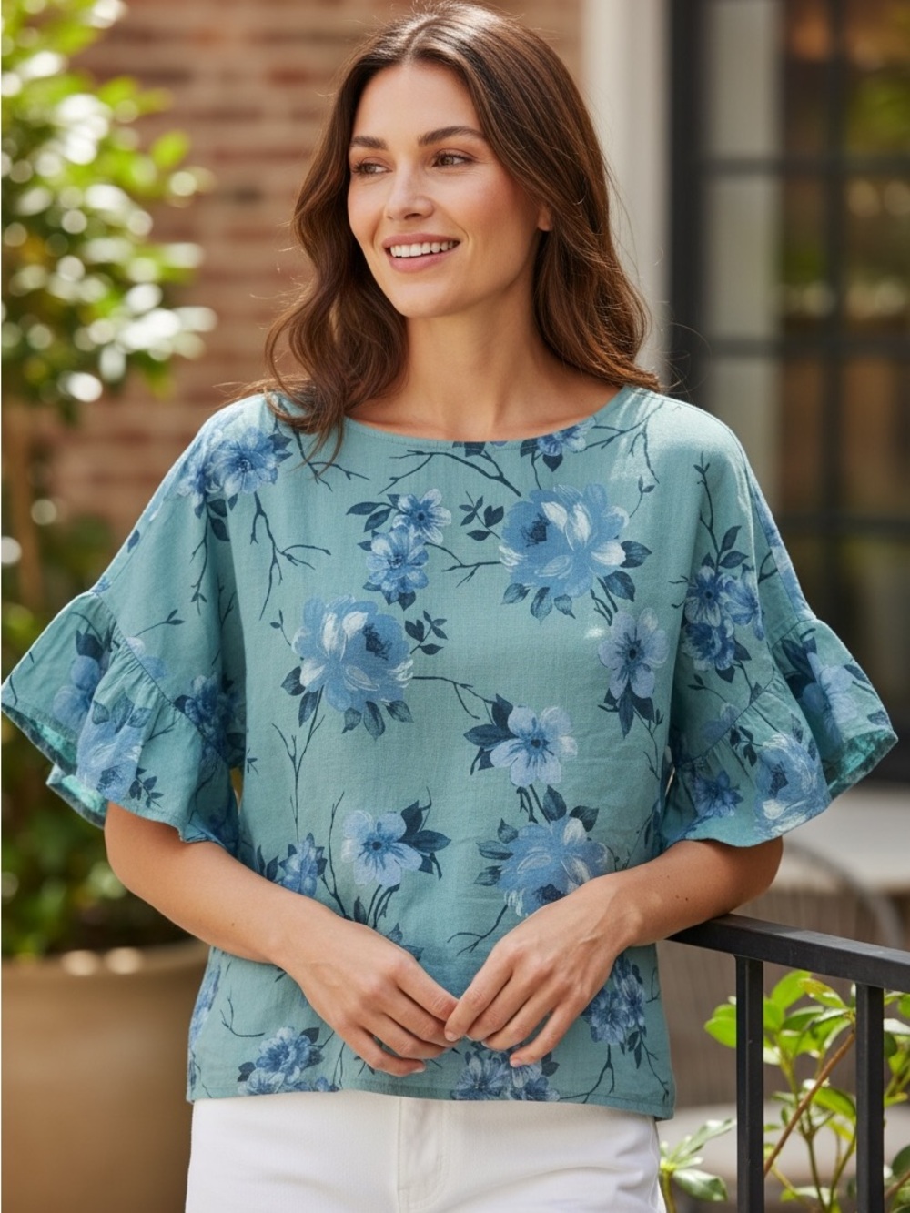 ELENA BALDI Floral linen Boxy Short Sleeve Top blue green size medium